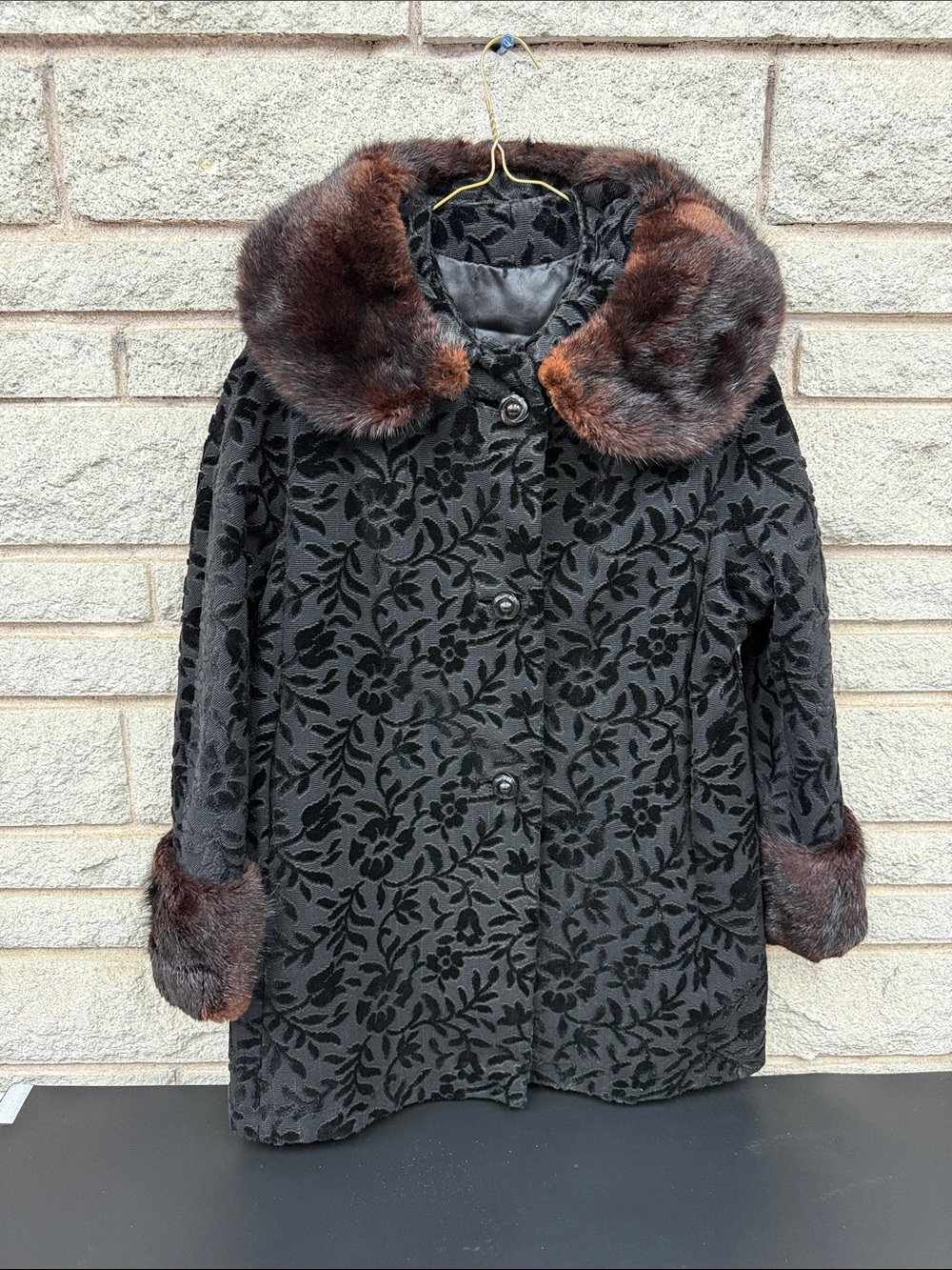 1950s Mink Fur Trim Black Tapestry Coat Women's Jacket